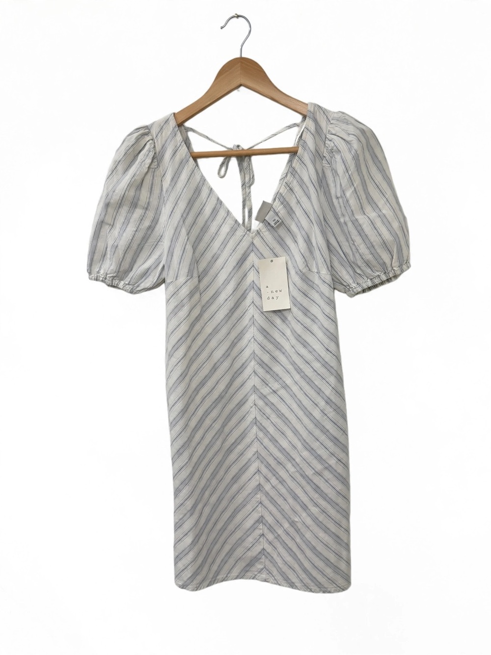 NWT A New Day Women XS Puff Sleeve Mini Shift Dress White Blue Stripe Pockets